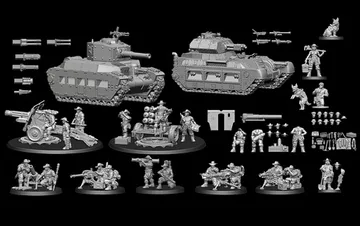 A collection of grey 3D-printed miniatures showcases various elements from the Space Aussies 2: Mechanised Kangaroo Kickstarter. Prominent features include two armoured tanks, a cannon with crew, and multiple infantry figures in dynamic poses, all wearing boonie hats. Additional components such as weapon accessories, alternative turrets, and various tools are also displayed, set against a black background.