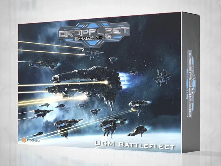 A dynamic illustration showcases a fleet of futuristic spaceships from the game Dropfleet Commander, set against a starry backdrop. The central ship is large and detailed, emitting blue engine trails, while smaller vessels surround it, all depicted in various orientations as if engaged in a tactical maneuver. The title 