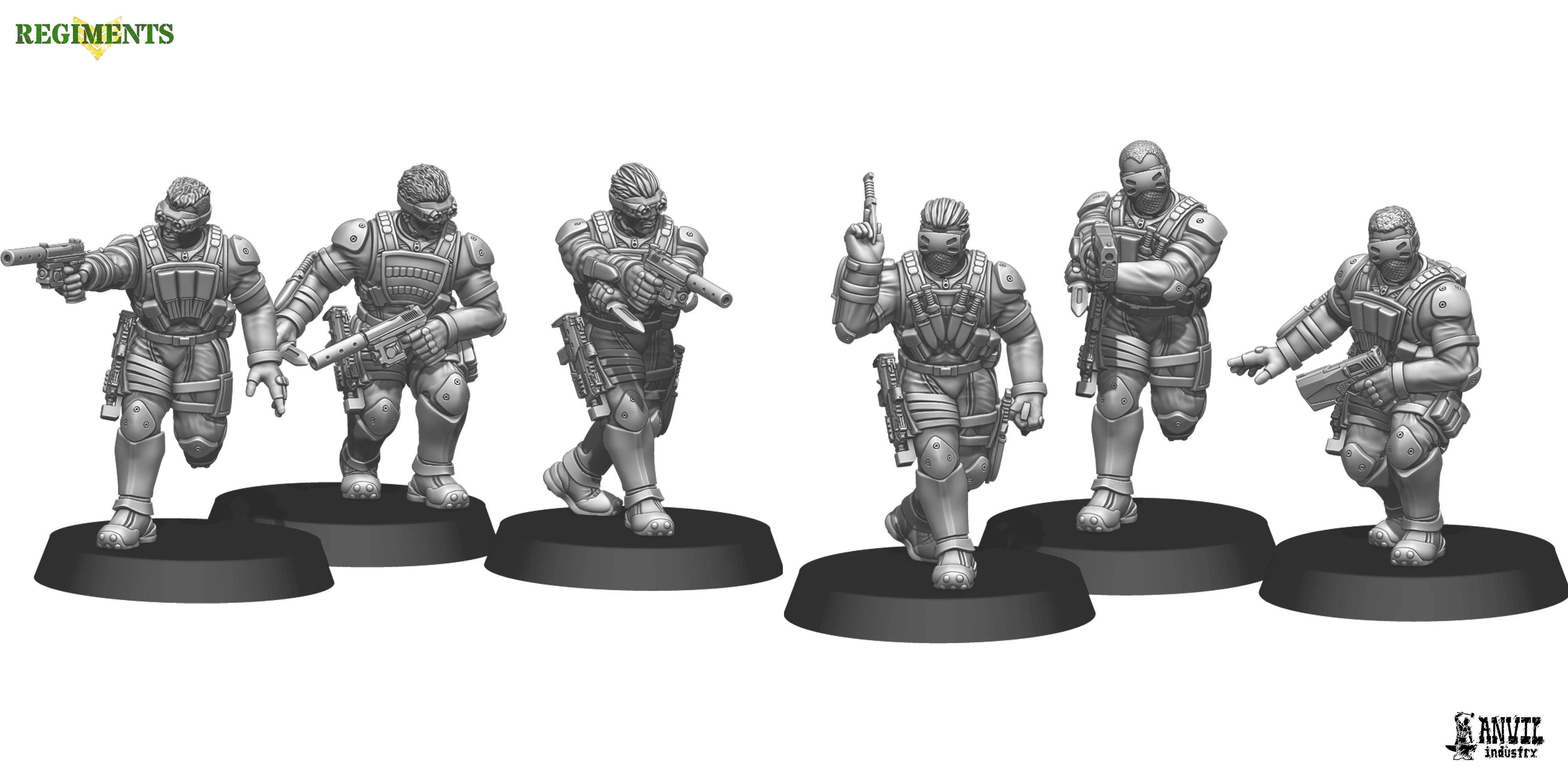 Three sci-fi miniatures are displayed, featuring stealth-suited soldiers in dynamic poses. The figures are equipped with various weapons, including a pistol and an MP7, and wear tactical gear such as body armor and goggles. Each miniature stands on a circular base, showcasing detailed sculpting and design.