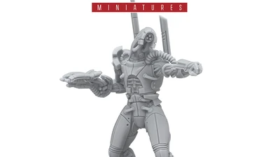 A detailed gray resin miniature from the Mass Effect universe stands on a circular black base, depicting a humanoid figure with a sleek, armored design. The figure features intricate mechanical details, including visible joints and a raised arm holding a weapon, suggesting a combat-ready stance. The Mass Effect logo is prominently displayed at the top, along with the Modiphius Entertainment branding at the bottom.