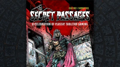 A vibrant comic-style cover for "Secret Passages Issue 2" features a muscular, armored figure with a crown and flowing red cape, standing confidently amidst a gritty, urban backdrop. The character wields a sword and is surrounded by crumbling walls adorned with graffiti, evoking a sense of adventure and nostalgia for classic tabletop gaming. The title is prominently displayed at the top in bold, stylized lettering, with a red and black color scheme enhancing the dramatic atmosphere.