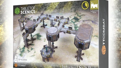 A box for the "Industrial Stilt Pods" set from TTCombat features a detailed illustration of modular pods, stilts, and walkways arranged in an elevated complex. The design includes one large pod and two smaller pods connected by five walkways and six platforms, all set against a textured ground. The packaging prominently displays the TTCombat logo and the "Industrial Hive" branding.