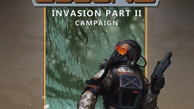 A futuristic cover illustration for "2300AD: Invasion Part II" features a humanoid figure in a high-tech spacesuit, complete with a helmet and orange-tinted visor, standing in a dense, alien environment filled with green foliage. The character is holding a weapon and appears to be surveying the surroundings, suggesting a sense of tension or readiness. The title "2300AD" is prominently displayed at the top, with "INVASION PART II" and "CAMPAIGN" below it, set against a contrasting background that enhances the sci-fi theme.