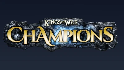 The image features the logo for "Kings of War: Champions," prominently displayed in a bold, stylized font. The word "Champions" is highlighted in a bright yellow color, contrasting against a dark, rocky background that adds a sense of depth and texture. The logo includes the trademark symbol for "Kings of War," indicating its connection to the established game series.