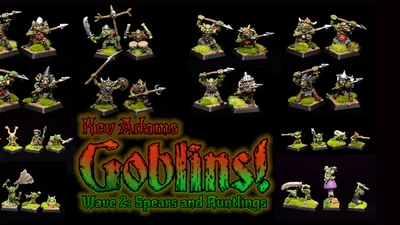 The image showcases a collection of dynamic goblin miniatures sculpted by Kev Adams, arranged on a dark background. There are 17 goblins prominently displayed, including a leader and a command group, all equipped with various weapons like spears and axes, along with 12 spearmen. Additionally, several runtlings are featured at the bottom, each with unique poses and expressions, highlighting their character and charm. The text "Kev Adams Goblins! Wave 2: Spears and Runtlings" is artistically integrated into the design, emphasizing the theme of the Kickstarter campaign.