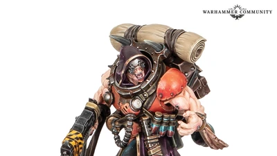 A muscular character from Necromunda stands confidently, wielding a large weapon in one hand. He wears a mix of dark and vibrant armor, featuring orange and black accents, and has a large backpack with rolled-up materials. His fierce expression and detailed gear, including various pouches and a utility belt, emphasize his menacing presence.