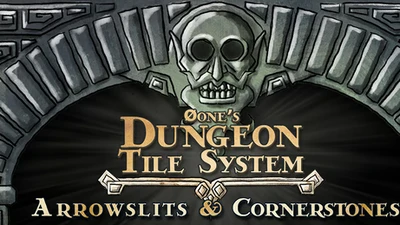 Dungeon Tile System - Arrowslits & Cornerstones logo showing a skull as the keystone in a dwarven stone archway.