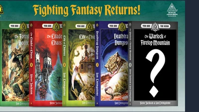 The image features five classic Fighting Fantasy adventure books lined up in a row, each with distinct cover art. From left to right, the titles are: "The Forest of Doom," "The Citadel of Chaos," "City of Thieves," "Deathtrap Dungeon," and "The Warlock of Firetop Mountain," which is marked with a question mark, indicating its cover is yet to be revealed. The covers showcase vibrant illustrations, with themes of fantasy and adventure, and the text prominently displays the titles and authors, Steve Jackson and Ian Livingstone. The background is a dark color, enhancing the visibility of the book covers and the bold title "Fighting Fantasy Returns!" at the top.