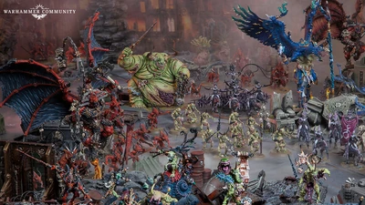 A dynamic scene showcases a variety of Warhammer miniatures representing the forces of Chaos. Prominently featured is a large, green-skinned figure, the Lord of Poxes, wielding a weapon and surrounded by smaller, grotesque Nurgle-themed models. In the foreground, red-armored Khorne warriors and other chaotic entities are depicted, set against a backdrop of ruined structures and a smoky atmosphere, emphasizing the dark and chaotic nature of the 41st millennium.