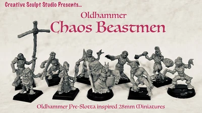 A collection of ten hand-sculpted, 28mm scale Chaos Beastmen miniatures is displayed prominently, showcasing a variety of dynamic and expressive designs. Each figure features unique characteristics, such as exaggerated limbs and distinct facial expressions, reflecting an Oldhammer aesthetic. The background includes stylized text announcing "Oldhammer Chaos Beastmen" and "Oldhammer Pre-Slotta inspired 28mm Miniatures," emphasizing the campaign's theme.