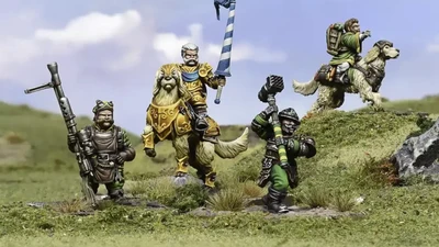 A group of halfling miniatures stands on a grassy terrain, showcasing their unique characteristics. In the center, a halfling in ornate armor rides a large, lion-like creature, holding a blue and white banner. To the left, another halfling wields a spear, while a third, dressed in green, brandishes a hammer. A fourth halfling rides a smaller, dog-like creature, completing the ensemble of pint-sized warriors. The background features a soft blue sky with scattered clouds, enhancing the whimsical atmosphere.