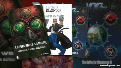The image features several tabletop gaming rulebooks stacked together. The prominent cover in the foreground displays "Urban War: Strike Team Action" with a striking design featuring a gas mask and bold text. Behind it, two VOID rulebooks are visible: one titled "VOID 2.0: Assault on Juzo Precinct," showcasing a character with a gun, and another titled "VOID 2.0: The Battle for Monoceros III," featuring a stylized planet and graphic elements. The overall color scheme includes dark tones with vibrant accents, emphasizing the sci-fi theme.