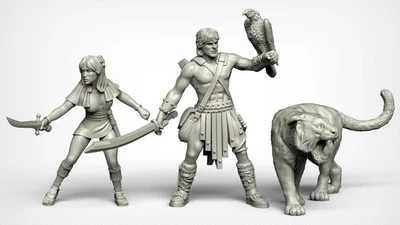 A set of three fantasy miniatures features a muscular male hero wielding a sword and holding a falcon, alongside a svelte female character brandishing a dagger. Both figures are depicted in a dynamic pose, showcasing intricate details in their clothing and accessories, reminiscent of 80s high-fantasy cinema. The miniatures are presented in a light gray color, highlighting their sculptural features.