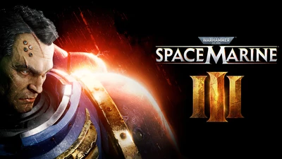 A close-up of a stern-looking Space Marine character, showcasing intricate details on his armor and facial features. The character has a rugged appearance with a prominent brow and several mechanical implants on his head, set against a dark, fiery background that enhances the dramatic effect. The image emphasizes the character's intense expression and the metallic textures of his blue and gold armor.