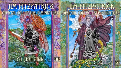 The image features two collectible miniature boxes from Lucid Eye Publications, showcasing artwork inspired by Jim Fitzpatrick. On the left, the box for "Cú Chulainn" displays a dynamic illustration of the legendary hero, adorned with intricate Celtic patterns and vibrant colors. On the right, the "St. Patrick" box features a detailed depiction of the saint, surrounded by swirling clouds and lush greenery, with a sculpted miniature prominently displayed in the foreground.