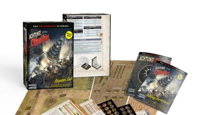 The box contents show the box, maps, tokens, reference sheets, rule and adventure book and a set of dice