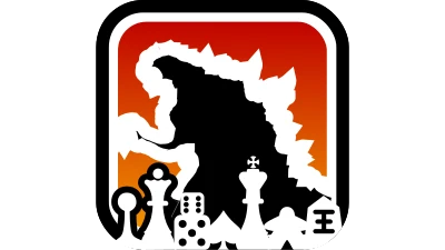 A silhouette of Godzilla standing behind chess pieces and dice from various games