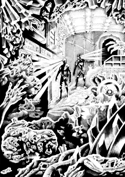 A stark black-and-white illustration depicts two figures in a surreal, alien environment filled with grotesque organic shapes and structures. The characters, dressed in sleek, futuristic suits, stand amidst a chaotic landscape of twisted forms and eerie textures, illuminated by beams of light that cut through the darkness. The background features a cavernous space with hints of machinery and shelves, enhancing the unsettling atmosphere of the scene.