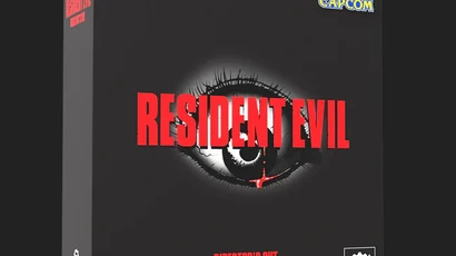 A black box featuring the title "RESIDENT EVIL" in bold red letters, with a stylized eye graphic in the center. Below the title, the text "DIRECTOR'S CUT KICKSTARTER EDITION" is displayed in orange, while "SURVIVAL HORROR" is highlighted in pink. The Capcom logo is positioned at the top right corner, and the Steamforged Games logo is located at the bottom left.