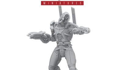 A detailed gray resin miniature from the Mass Effect universe stands on a circular black base, depicting a humanoid figure with a sleek, armored design. The figure features intricate mechanical details, including visible joints and a raised arm holding a weapon, suggesting a combat-ready stance. The Mass Effect logo is prominently displayed at the top, along with the Modiphius Entertainment branding at the bottom.