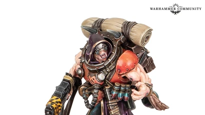 A muscular character from Necromunda stands confidently, wielding a large weapon in one hand. He wears a mix of dark and vibrant armor, featuring orange and black accents, and has a large backpack with rolled-up materials. His fierce expression and detailed gear, including various pouches and a utility belt, emphasize his menacing presence.