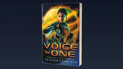 The image features the cover of the novel "Voice of One" by Tristan Palmgren, set in the Twilight Imperium universe. The cover art showcases a dynamic scene with a central female character, likely SIL3NT, depicted in a futuristic outfit, wielding a weapon and looking determined. Surrounding her are other figures, hinting at a diverse cast, with vibrant colors and dramatic lighting that emphasize the sci-fi theme. The title "VOICE of ONE" is prominently displayed in bold, stylized lettering, with a tagline below it.