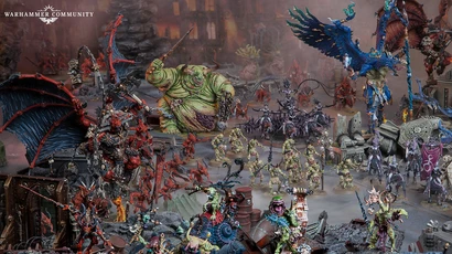 A dynamic scene showcases a variety of Warhammer miniatures representing the forces of Chaos. Prominently featured is a large, green-skinned figure, the Lord of Poxes, wielding a weapon and surrounded by smaller, grotesque Nurgle-themed models. In the foreground, red-armored Khorne warriors and other chaotic entities are depicted, set against a backdrop of ruined structures and a smoky atmosphere, emphasizing the dark and chaotic nature of the 41st millennium.