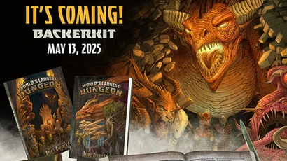 A dramatic illustration features a fierce dragon with large, menacing horns and an open mouth, set against a backdrop of a dark, rocky dungeon. In the foreground, two books titled "World's Largest Dungeon" are displayed, alongside an open book revealing intricate artwork. The text at the top announces the upcoming release date of May 13, 2025, and emphasizes the campaign's return through BackerKit.