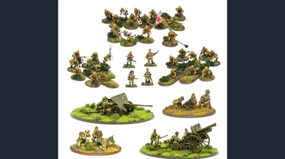 The image showcases a collection of Imperial Japanese miniatures from Warlord Games' new 'Revere the Emperor' bundle. It features 30 multi-pose plastic infantry figures, positioned in various stances, along with a 47mm light anti-tank gun and a Type 91 105mm medium howitzer, each displayed on grassy bases. Additionally, there are teams for a medium machine gun and a heavy mortar, all set against a white background, highlighting the detailed sculpting and painting of the miniatures.