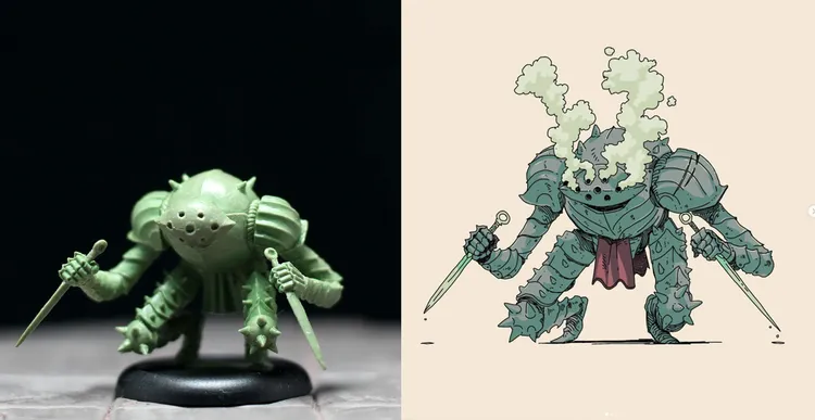 A detailed illustration features a unique armored figure with a bulbous head emitting greenish smoke, suggesting a mystical or toxic presence. The character wields two swords, one in each hand, and is adorned with spiked armor and a flowing red cloth. The background is a simple light color, emphasizing the character's distinctive design and features.