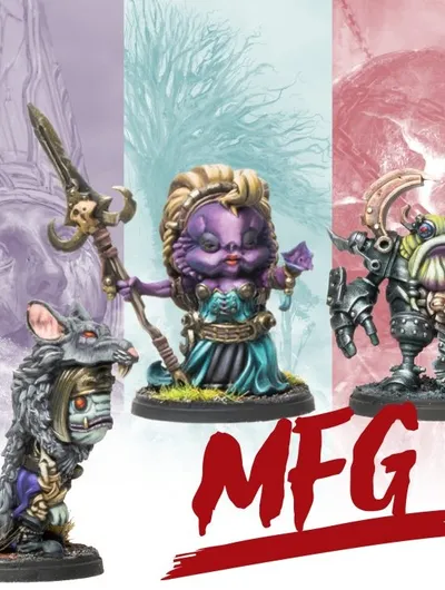 Four whimsical resin miniatures are displayed, representing the Murderous Fish Gnome Mystery Pack Series 2 from Para Bellum Games. On the left, a gnome with a wolf-like appearance stands, while the central figure is a purple-skinned gnome in a flowing gown, holding a staff. To the right, a gnome in mechanical armor features a distinctive design, and the background showcases soft pastel colors, enhancing the fantasy theme. The text "MFG" is prominently featured in bold red at the bottom.