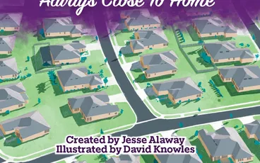 HOA logo with text "Always Close To Home" over a suburban neighborhood map and silhouettes of people.