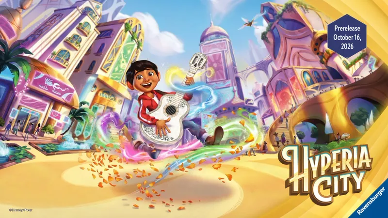 Boy in red shirt playing white guitar, colorful swirls, colorful buildings in background