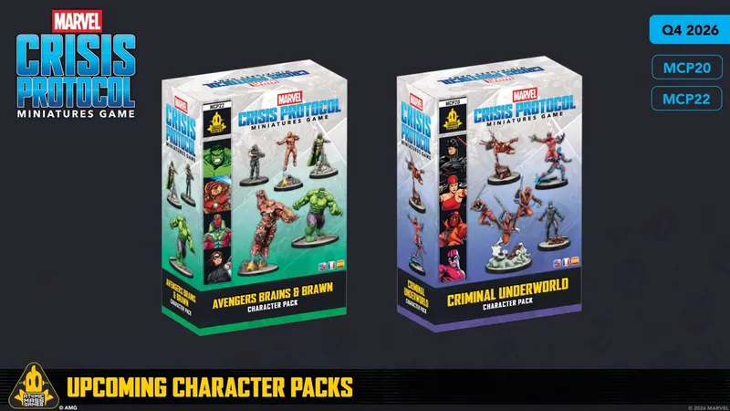 Two character packs for the Marvel: Crisis Protocol Miniatures Game are displayed, featuring vibrant artwork and miniatures. On the left, the "Hulk and She-Hulk" pack showcases figures of both characters in dynamic poses, while the right side presents the "Criminal Underworld Character Pack," featuring several characters including Deadpool and others. The packaging includes the titles and logos prominently, with a dark background enhancing the colorful miniatures.