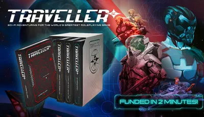 Four hardcover books for the Traveller 5E tabletop roleplaying game are displayed prominently, featuring distinct covers. The books include "Core Rules" with a red design, "Gears and Robots" in black, "Worlds and Vehicles" also in black, and "Starships" in a similar style, all housed in a white slipcase adorned with a logo. The background features a cosmic scene with hints of futuristic technology, emphasizing the sci-fi theme of the game.