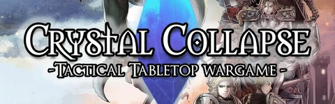 A dynamic illustration features a large blue crystal at the center, surrounded by various anime-style heroes and a menacing dragon. The heroes, dressed in intricate armor and clothing, display a range of expressions and poses, suggesting action and strategy. The background includes a castle and a dramatic sky, enhancing the fantasy theme of the tactical tabletop wargame "Crystal Collapse."
