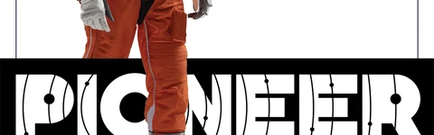 An astronaut in an orange space suit walks confidently, showcasing a sleek helmet and metallic arm attachments. The background features bold text stating "P-MINUS 07 DAYS" above the word "PIONEER," which is prominently displayed in a stylized font. The overall design conveys a sense of urgency and excitement for the upcoming space exploration RPG.