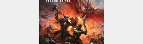 A dynamic cover illustration for "Dragon Rampant: Second Edition" features a fierce battle scene with a muscular warrior wielding a hammer, facing off against a group of green-skinned orcs. In the background, a large, menacing dragon looms, adding to the intensity of the scene. The title and subtitle are prominently displayed at the top, with the names of the author and illustrators at the bottom.