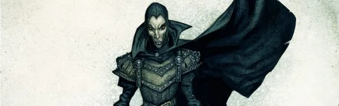 A tall, skeletal figure stands menacingly in a graveyard, wearing dark, tattered clothing and a hooded cloak. The character has a gaunt face with exaggerated features, including sharp cheekbones and a wide, sinister grin. In the background, weathered gravestones are partially obscured by mist, enhancing the eerie atmosphere of the scene.