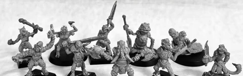 A collection of ten hand-sculpted beastmen miniatures is displayed, showcasing a variety of bizarre mutations, including hooves, tentacles, and horns. Each figure is cast in white metal and features unique weapons and minimal armor, emphasizing their grotesque designs. The text "Oldhammer Chaos Beastmen 2" is prominently featured, along with a subtitle indicating they are inspired by 28mm miniatures.