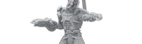 A detailed gray resin miniature from the Mass Effect universe stands on a circular black base, depicting a humanoid figure with a sleek, armored design. The figure features intricate mechanical details, including visible joints and a raised arm holding a weapon, suggesting a combat-ready stance. The Mass Effect logo is prominently displayed at the top, along with the Modiphius Entertainment branding at the bottom.
