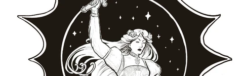 A dynamic black and white illustration features a heroic female figure wielding a sword, poised in an action stance. She has long flowing hair and is adorned in a detailed outfit, with intricate designs visible on her sleeves and waist. The background includes a circular motif filled with stars, surrounded by a jagged, starburst-like outline, enhancing the sense of movement and energy in the scene.