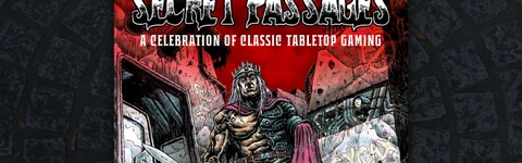 A vibrant comic-style cover for "Secret Passages Issue 2" features a muscular, armored figure with a crown and flowing red cape, standing confidently amidst a gritty, urban backdrop. The character wields a sword and is surrounded by crumbling walls adorned with graffiti, evoking a sense of adventure and nostalgia for classic tabletop gaming. The title is prominently displayed at the top in bold, stylized lettering, with a red and black color scheme enhancing the dramatic atmosphere.