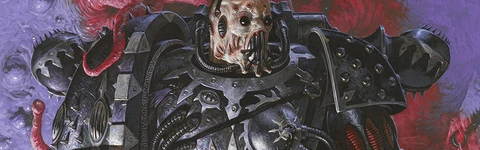 A heavily armored figure representing the Emperor's Children stands prominently, showcasing intricate details such as spikes, chains, and a skull-like face. The armor is predominantly black with metallic accents, and the character holds a weapon adorned with various symbols. The background features a surreal, purple and red organic texture, enhancing the chaotic and hedonistic theme of the design.