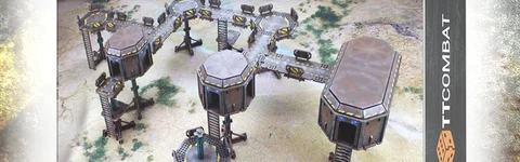 A box for the "Industrial Stilt Pods" set from TTCombat features a detailed illustration of modular pods, stilts, and walkways arranged in an elevated complex. The design includes one large pod and two smaller pods connected by five walkways and six platforms, all set against a textured ground. The packaging prominently displays the TTCombat logo and the "Industrial Hive" branding.