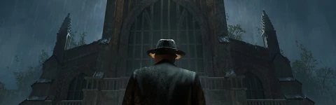 A figure in a dark coat and hat stands with their back to the viewer, facing a large, gothic-style church illuminated by a single light in the upper window. The scene is set in a rainy atmosphere, with droplets visible in the air, and the church is surrounded by a wrought-iron fence, adding to the ominous ambiance. The overall color palette is dark and moody, enhancing the sense of mystery and foreboding.