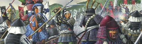 A dynamic illustration showcases a chaotic battle scene from Sengoku-era Japan, featuring armored samurai and ashigaru warriors engaged in combat. Prominent figures include a horse-mounted samurai wielding a spear, flanked by foot soldiers in traditional armor, all set against a backdrop of waving banners and a hilly landscape. The title "HEIHO" is displayed at the top, with "MASS BATTLE SAMURAI GAME" prominently featured at the bottom.