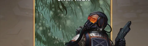 A futuristic cover illustration for "2300AD: Invasion Part II" features a humanoid figure in a high-tech spacesuit, complete with a helmet and orange-tinted visor, standing in a dense, alien environment filled with green foliage. The character is holding a weapon and appears to be surveying the surroundings, suggesting a sense of tension or readiness. The title "2300AD" is prominently displayed at the top, with "INVASION PART II" and "CAMPAIGN" below it, set against a contrasting background that enhances the sci-fi theme.