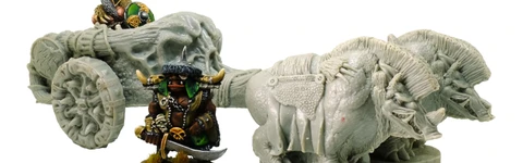 A Razorback Chariot is prominently displayed, featuring a detailed chariot design pulled by two Razorbacks. The chariot is crewed by a charioteer, who is depicted in a dynamic pose, alongside a warrior figure. The overall color scheme is a mix of muted tones, emphasizing the chariot's rugged and battle-ready appearance.