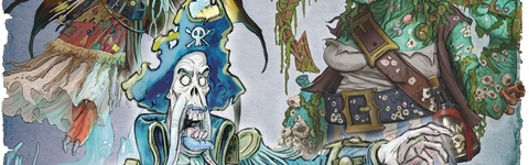 A vibrant illustration features four undead pirate characters. On the left, a faerie pirate with large, dark wings and flowing hair is depicted, wearing a tattered dress. In the center, an undead pirate captain in a blue coat and tricorn hat, with a skeletal face and a long beard, gestures dramatically. To the right, a green-skinned pirate with a patchy outfit and various sea creatures adorning her body holds a weapon, while a crab-like creature with a pirate hat and bulging eyes sits in the foreground, showcasing a treasure-laden shell. The background has a textured, oceanic theme, enhancing the eerie atmosphere.